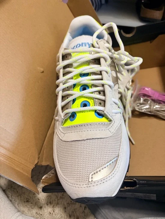 Saucony Beige with Neon Yellow Accent Retro Runner Sneakers - Picture 2 of 6